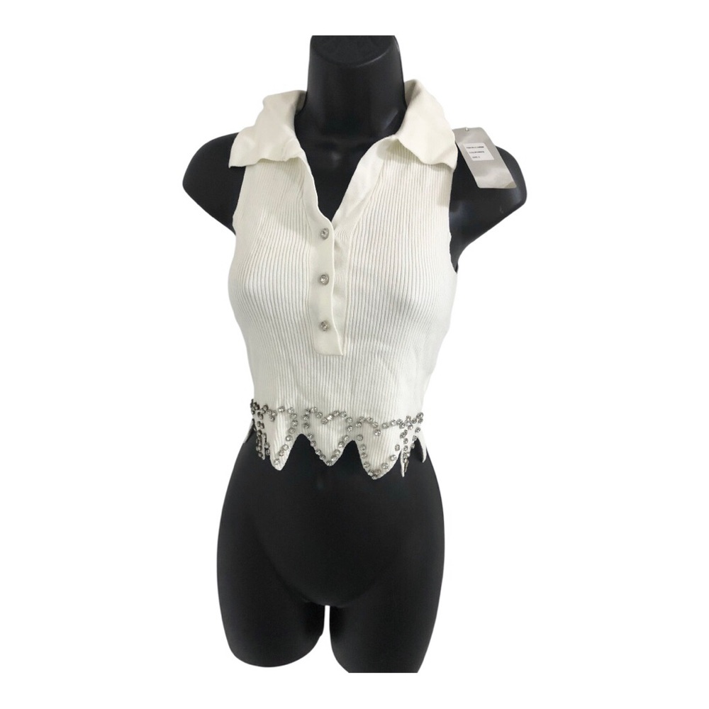 white cz diamond rhinestone heart shape scallop hem crop knit top size Small new - Picture 10 of 11